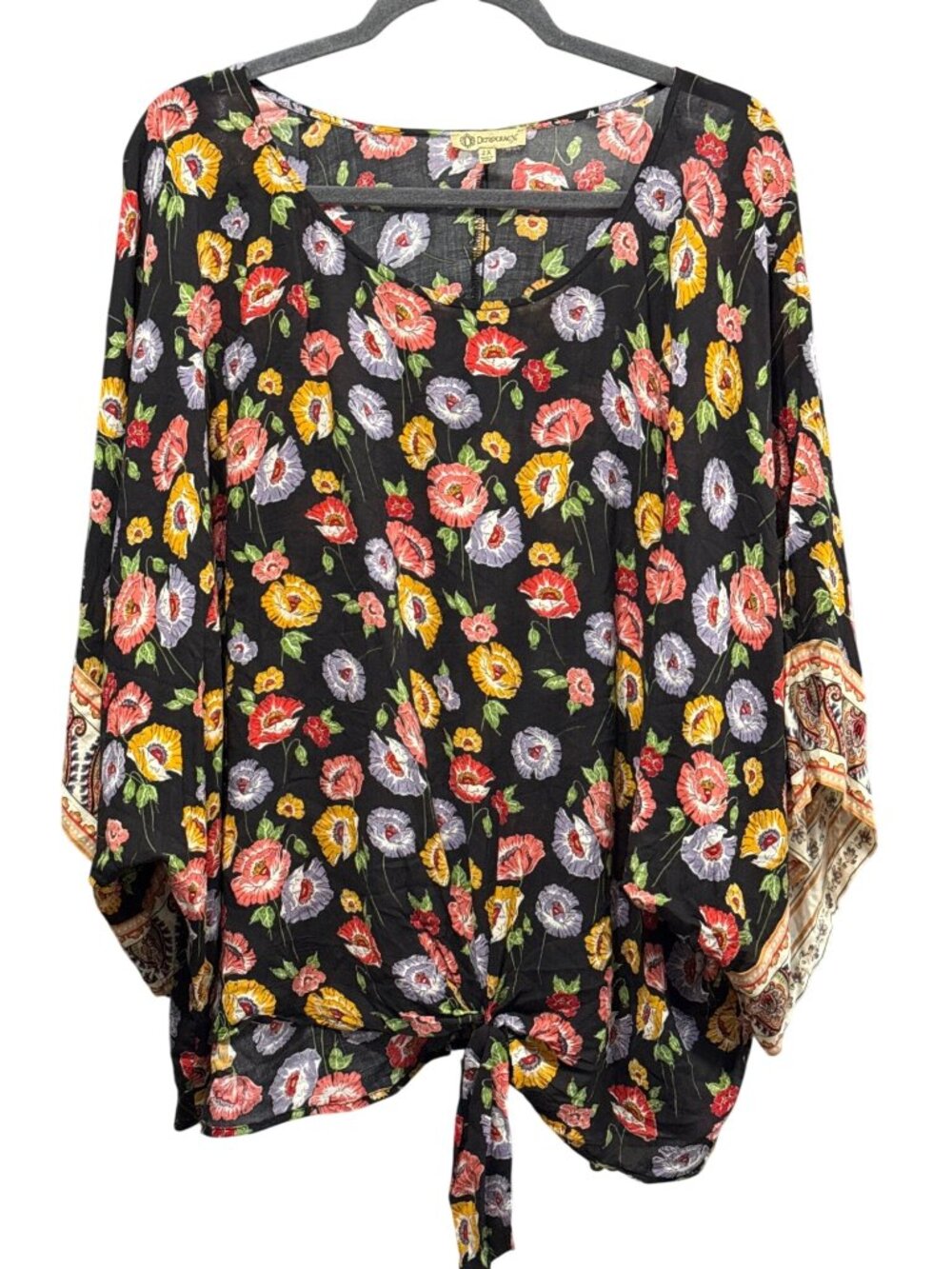 Democracy Womens Floral 2X Rayon Top With Tie Front Kimono Sleeve Black Print